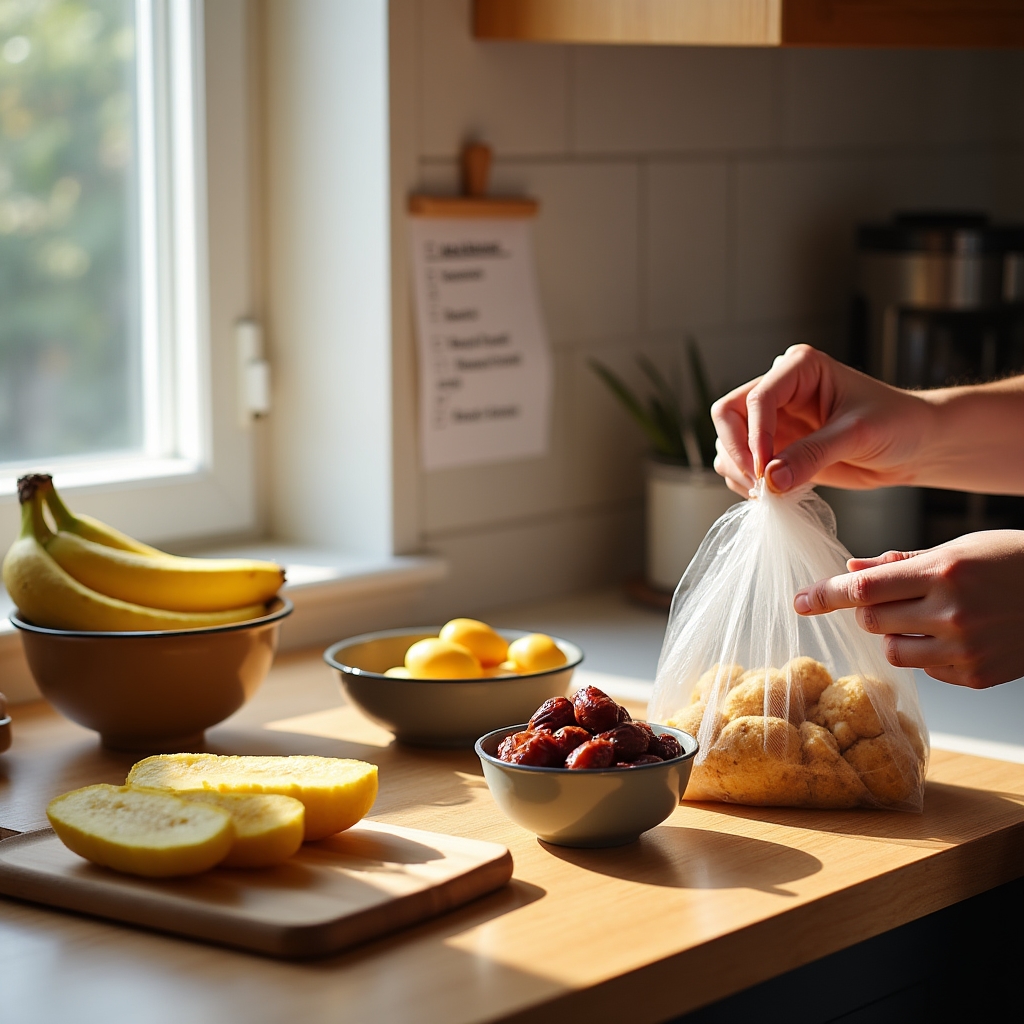 Real food preparation for a half-marathon laid out on a kitchen counter