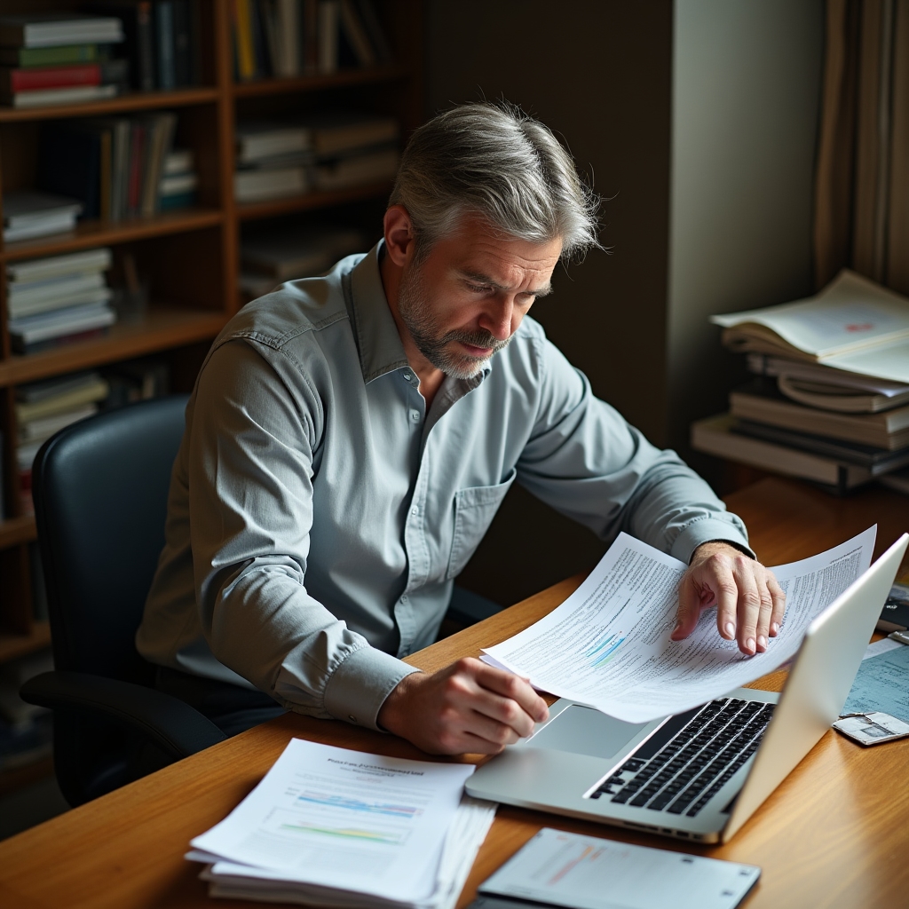 Researcher reviewing protein intake study at a desk