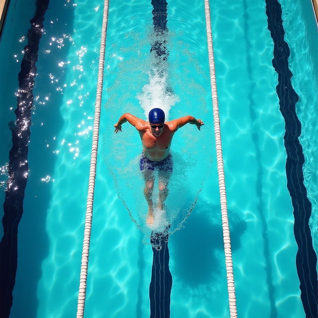 Swimmer in a lap pool from overhead